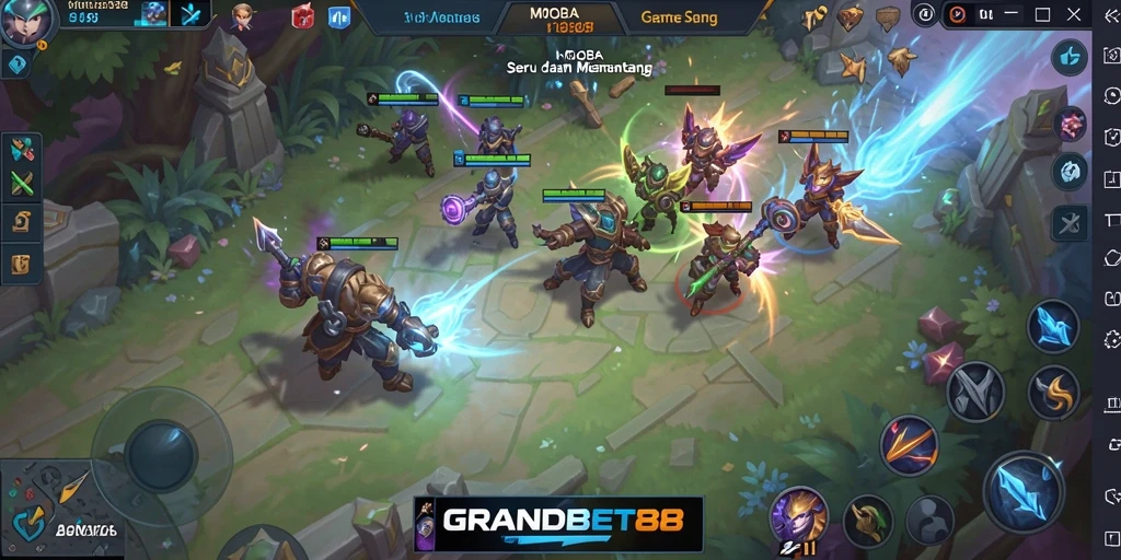 Screenshot gameplay seru dari GRANDBET88 yang menampilkan pertempuran tim.