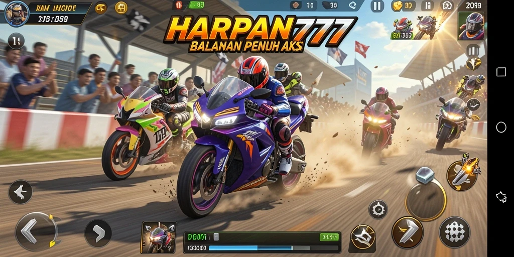 Tampilan gameplay seru di HARAPAN777 dengan aksi balapan motor.