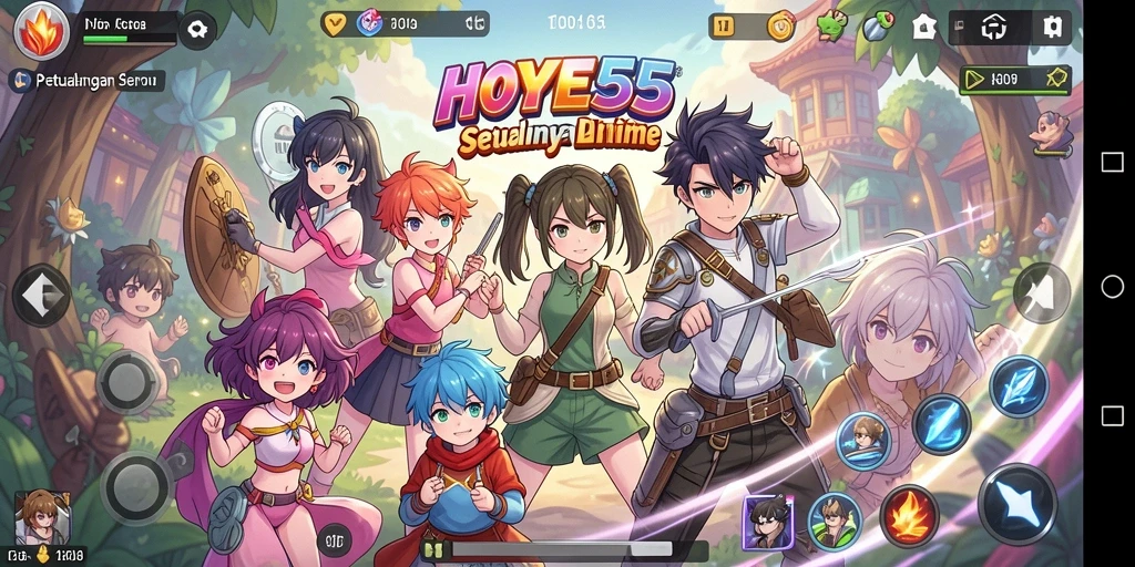 Screenshot gameplay HOYE55 menampilkan karakter anime yang sedang beraksi.
