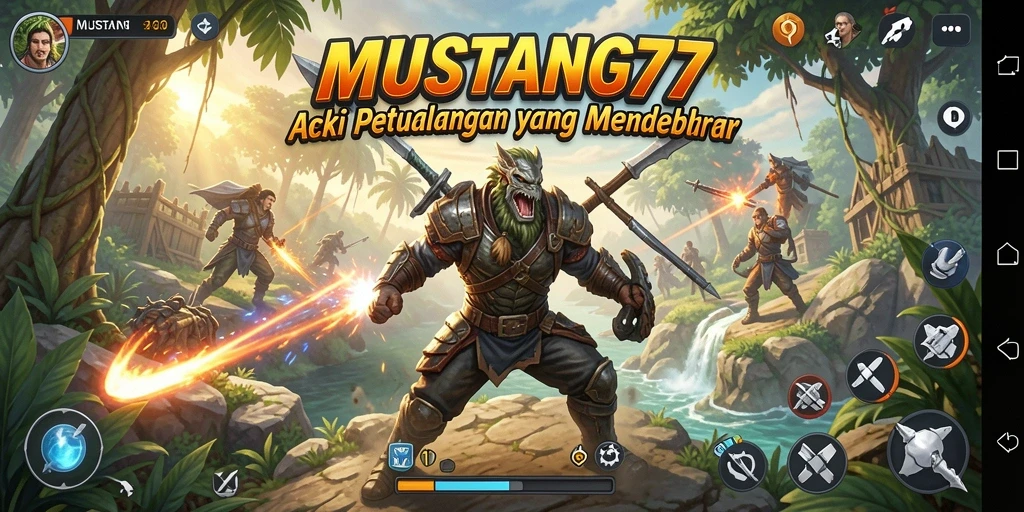 Tangkapan layar utama MUSTANG77 menampilkan pertarungan seru dalam aksi yang menegangkan.
