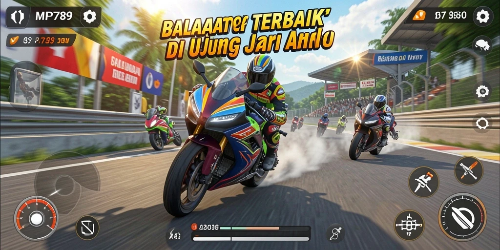 Screenshot menampilkan aksi balapan motor yang intens dan grafis yang menakjubkan.