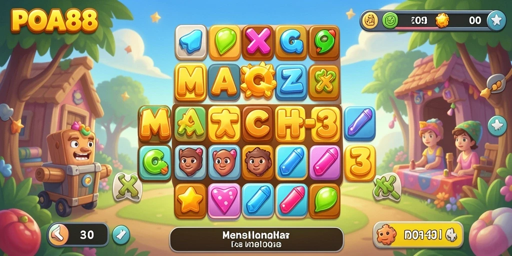 Tampilan gameplay seru dalam POA88 dengan elemen Match-3 yang berwarna-warni.
