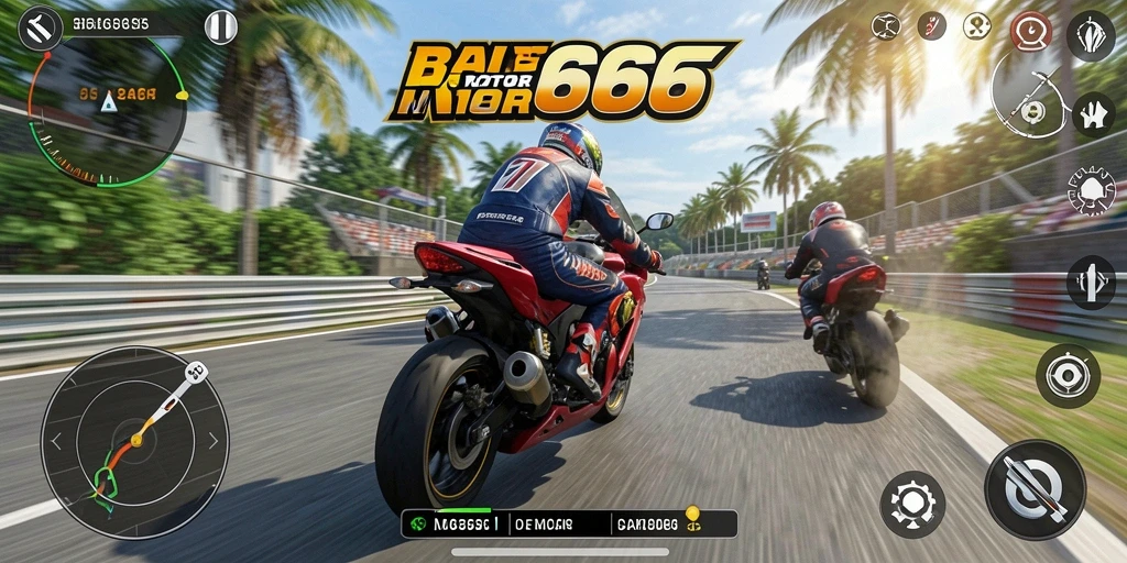 Screenshot gameplay seru RR666 dengan balapan motor yang mendebarkan.