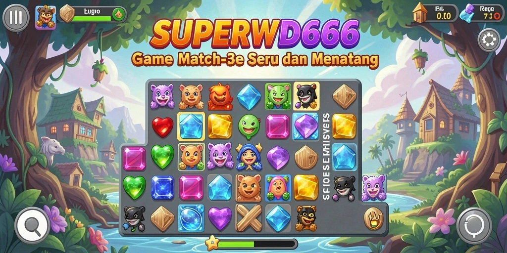 Tampilan gameplay Match-3 yang seru dan penuh warna.